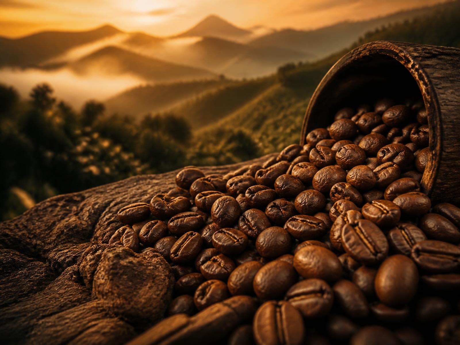 Granos de café tostado sobre madera con montañas de Panamá al amanecer